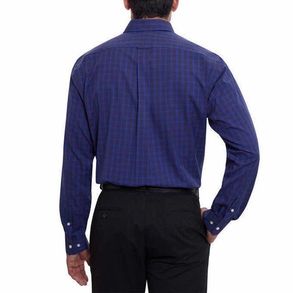 New Kirkland Signature Men’s Traditional Fit Dress Shirt, Non-Iron Navy Plaid - Picture 2 of 5